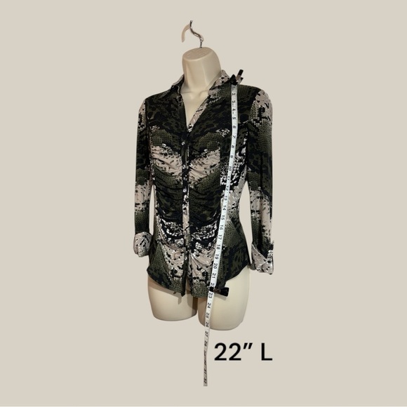 Elegant “Camo” Print Ruched Jewel Button Down Blouse Adjustable Sleeves 6-8 - Picture 2 of 6